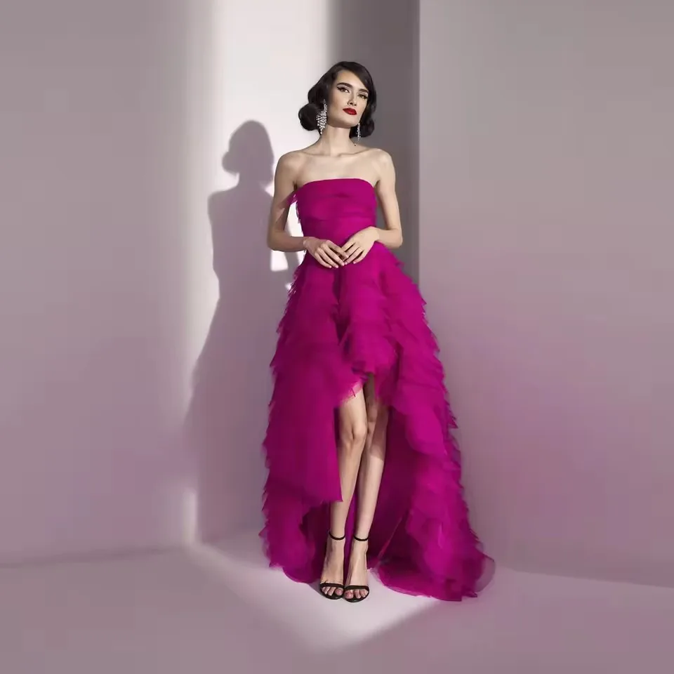 Fashionable Fuchsia Tiered Organza High Low Long Formal Dresses Strapless Women Maxi Dress To Party Bridal Dress