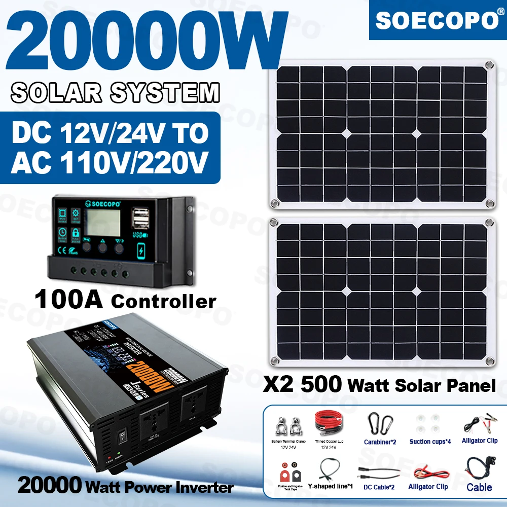 SOECOPO 20000W Solar System Balcony Complete Kit-2*500W Panels 12V 24V To 220V 110V Inverter Socket 100A Controller for Camping