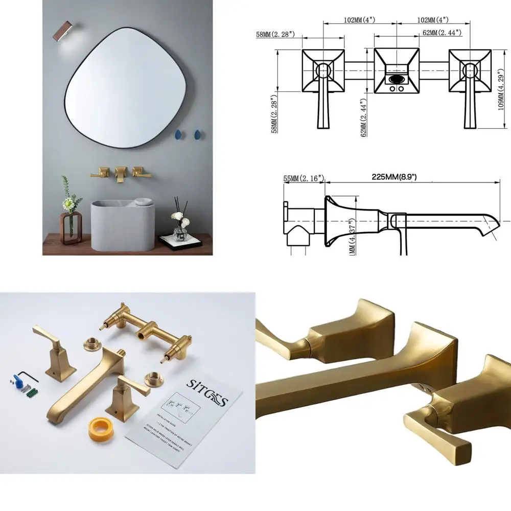 

Sturdy Brass Wall-Mounted Faucet with Metal Levers, Includes Rough-In Valve - Brushed Gold Finish