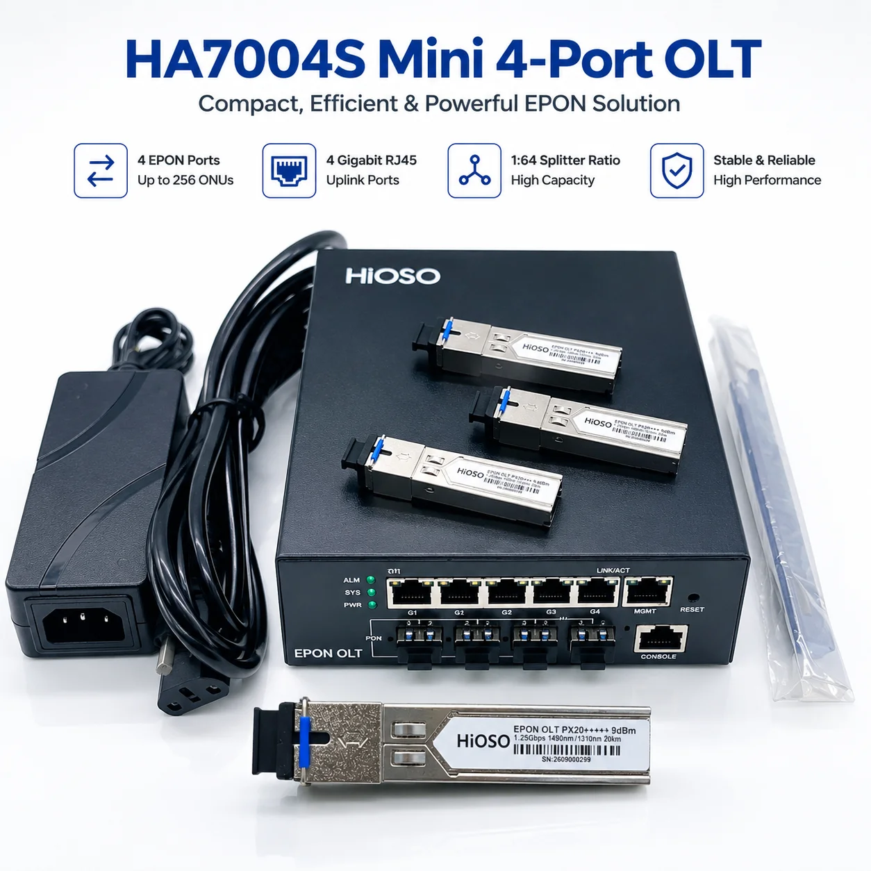 HIOSO MINI EPON OLT 4Ports HA7004s 4 EPON opticalports 4Gigabit RJ45 electrical uplink DC 12V4A WEB SNMP CLI 256 Users compatib