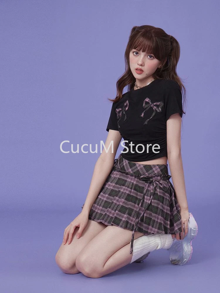 Women Aesthetic Preppy Style Y2k Mini Skirt A-line Pleated Pink Skirt Vintage  Harajuku Korean Bow Skirt 2000s Clothes Summer