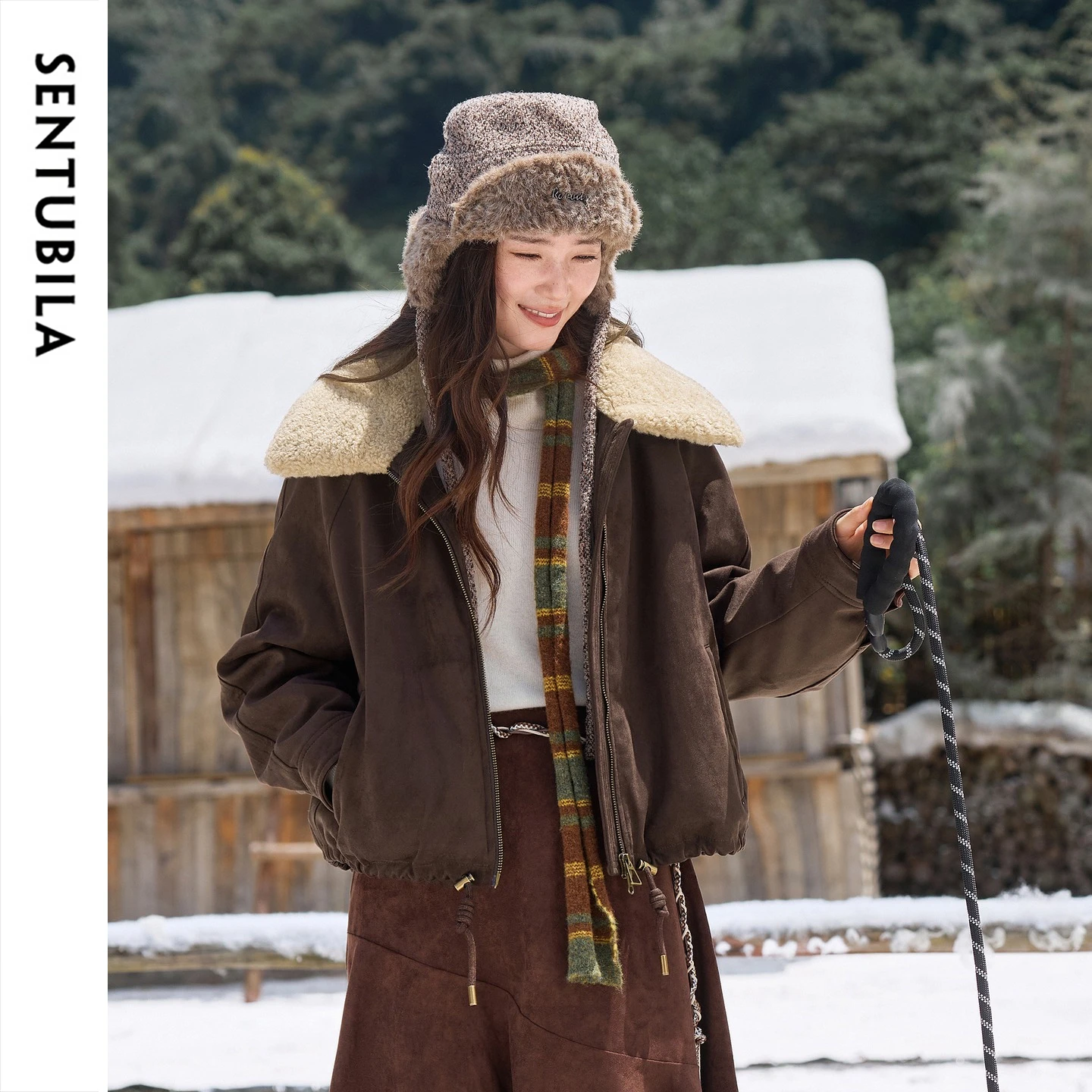 SENTUBILA Faux Suede Puffer Coat Women Winter Faux Fur Collar 90% White Duck Down Jacket 2026 Raglan Sleeve Outerwear W64YD7695