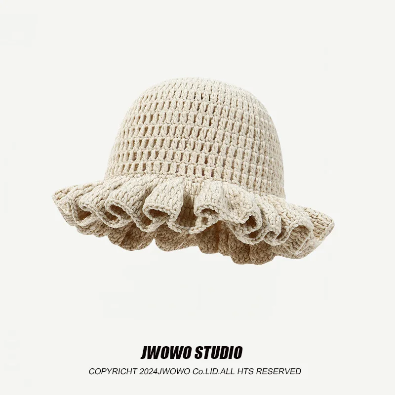 New Handcrocheted Solid Color Bucket Hat Women's Autumn and Winter Pleated Ruffle Leaf Edge Versatile Simple Knitted Beanie Cap