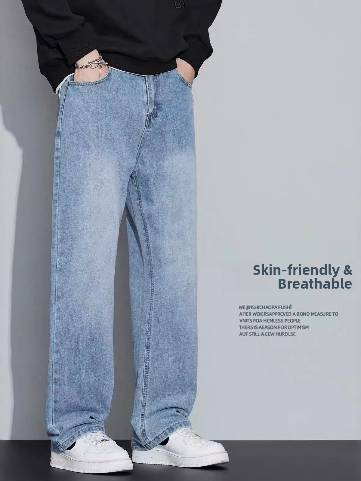 Men's Casual Cotton Stretch Denim Jeans Fall Loose Straight Leg Workwear Trousers Wear Resistant Business Leisure Pants