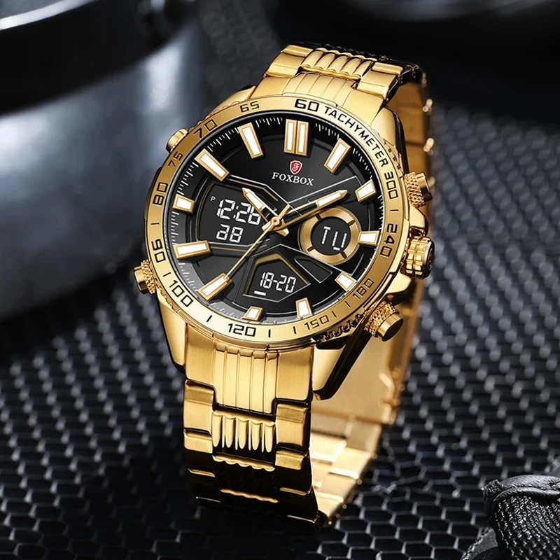 2024 FOXBOX ساعات رقمية رياضية للرجال قوية مضيئة عرض مزدوج مقاوم للماء كوارتز ساعة اليد العسكرية Relogio Masculino