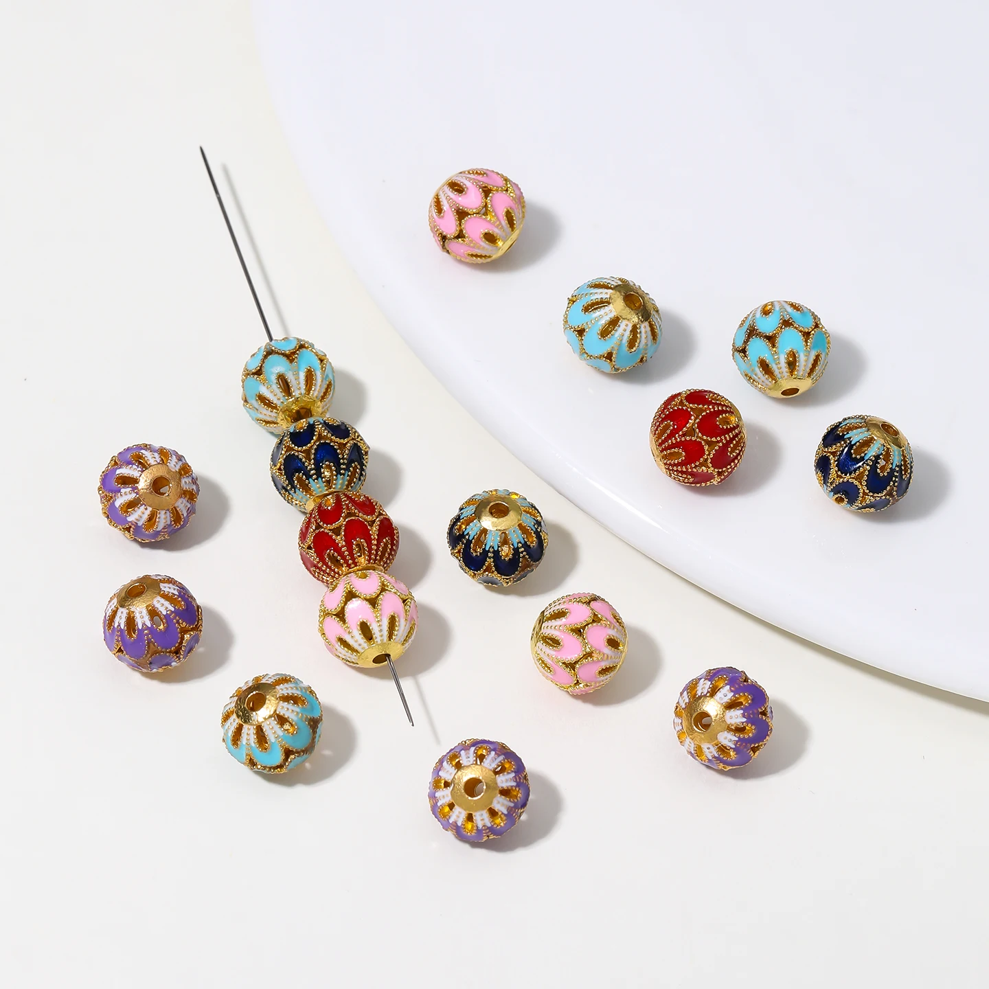 1pc Cloisonné Alloy Enameled Colorful Round Loose Spacer Beads Hollowed-out Fancy Bead For DIY Jewelry Making Bracelet Supplies