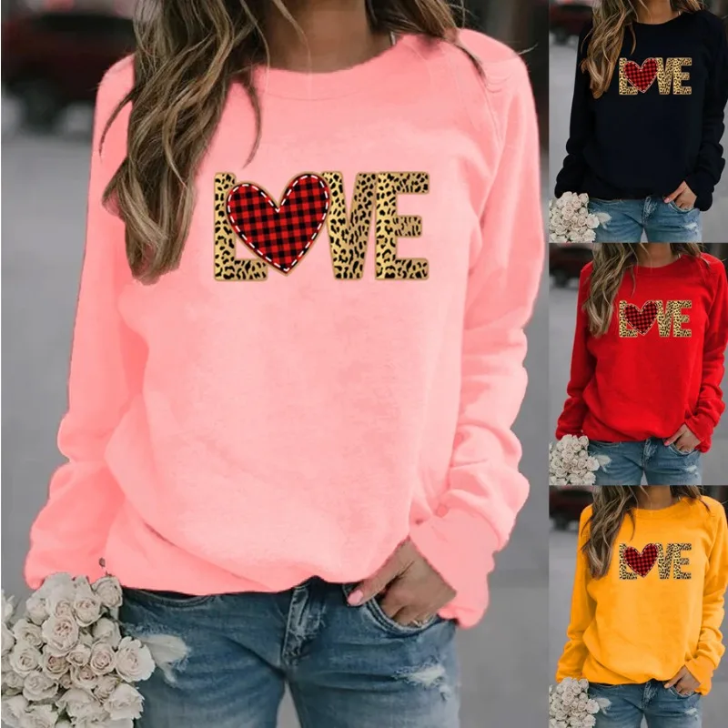 Valentine's Day New Crewneck Long-sleeved Pullover Casual Leopard Print Love Printed Fleece Hoodie Streetwear Women  Sweatshirts