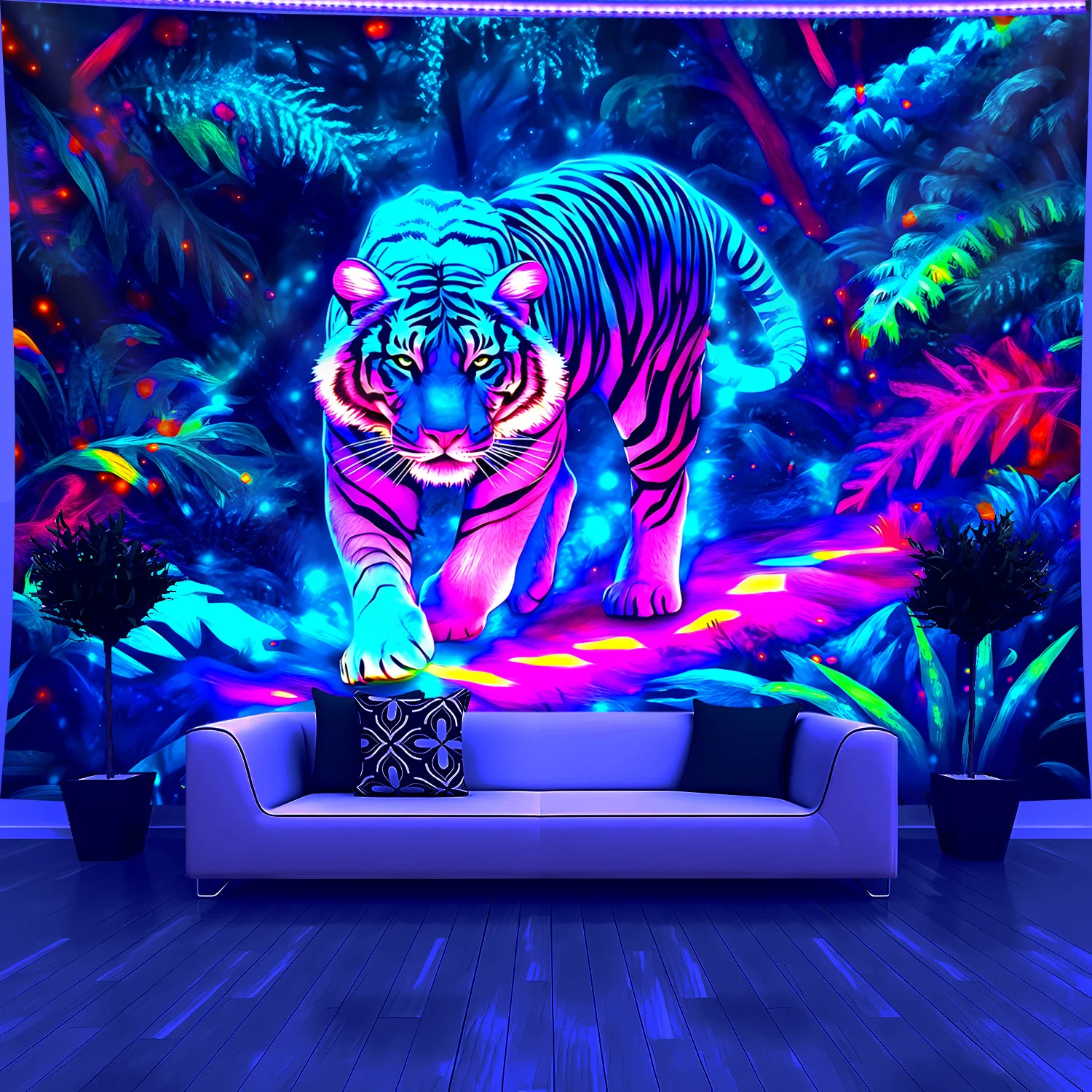 VIKAMA Glow in the Dark Neon Tiger Tapestry Psychedelic Jungle Animal Blacklight Wall Hanging for Bedroom