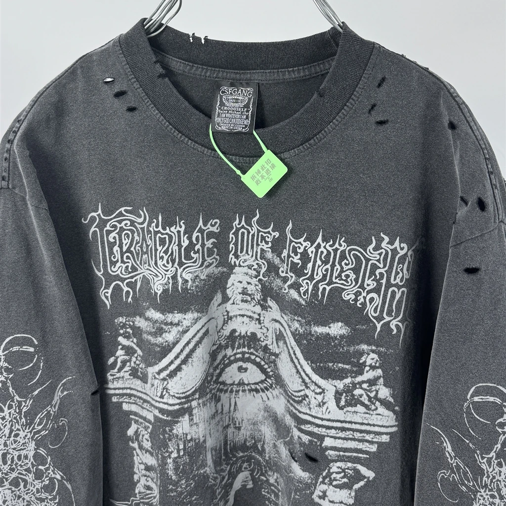 SAINT OF MICHAEL American Style Fashion Streetwear Vintage Hole Long Sleeves Tee Loose Oversized Tops 100%Cotton T Shirt Men