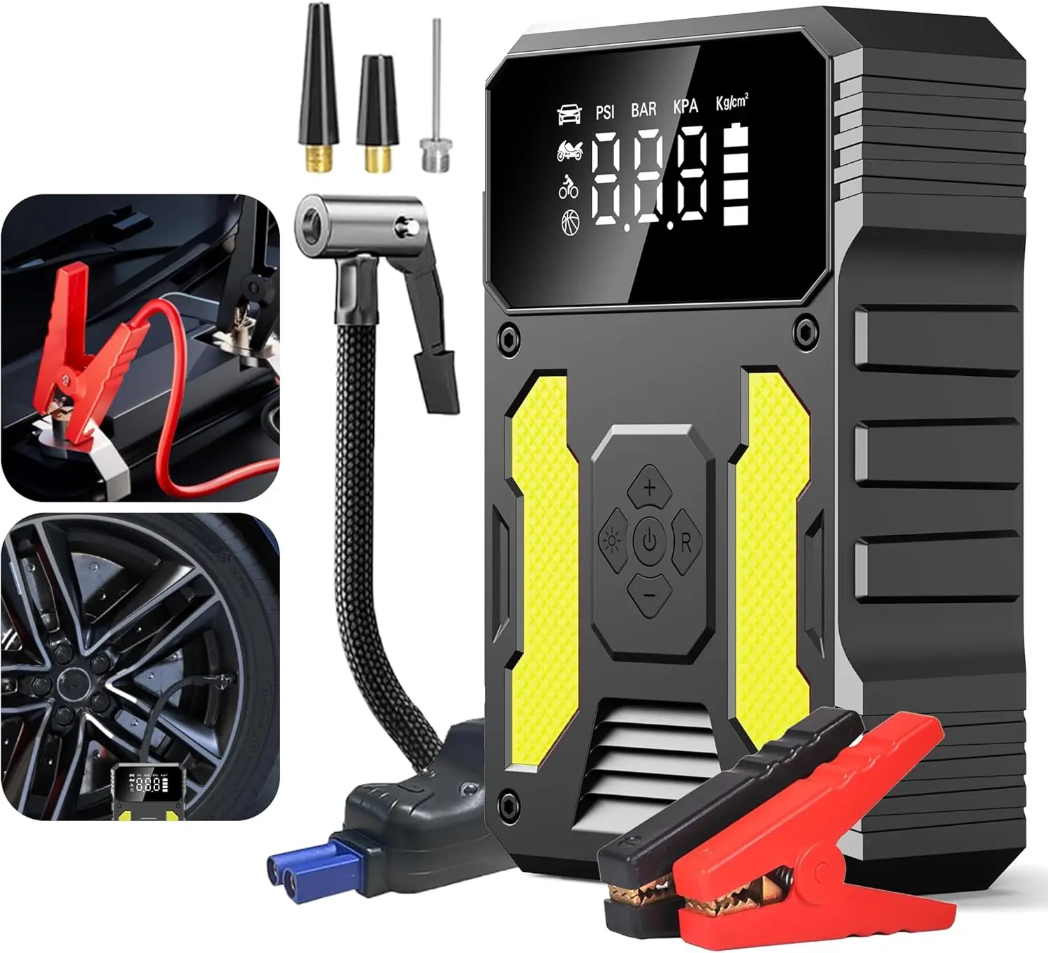 

3000A Jump Starter with Air Compressor, 12V Battery Booster, 150PSI Inflator, QC3.0 Charging, Type-C, LED SOS