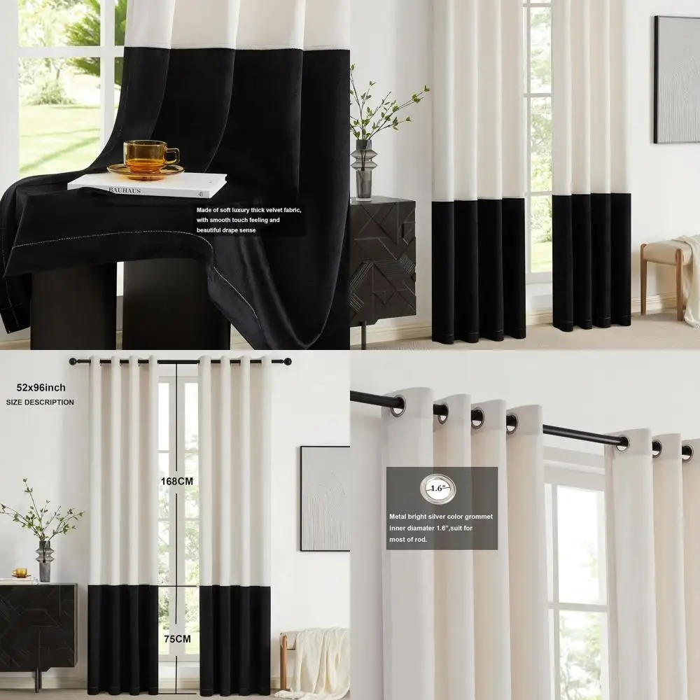 

Velvet Black & Cream 96 Farmhouse Window Curtains with Grommet, Set of 2 for Darkening Bedrooms & Living Rooms