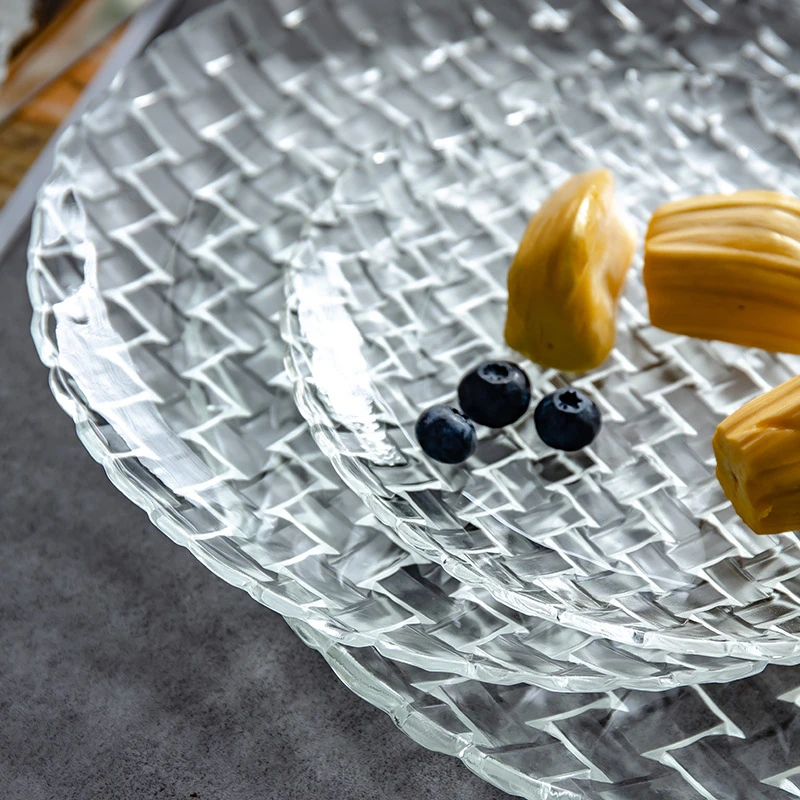 Transparent Glass Dessert Plate Set, Flower Pattern Tableware Set, Household Living Room, Western Fruit and Snacks Dish Utensils