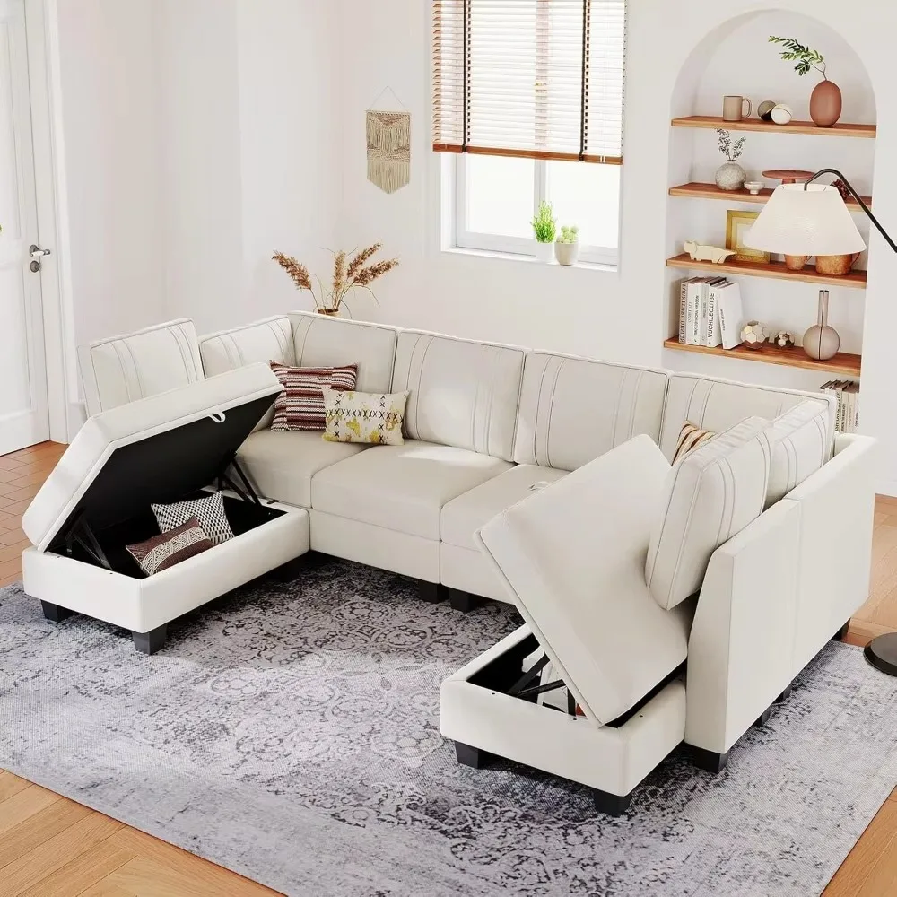 Velvet Cream Sectional Couch with Storage Ottoman U Shaped Sofa Sectional Couch Convertible U-Shape Couch Beige