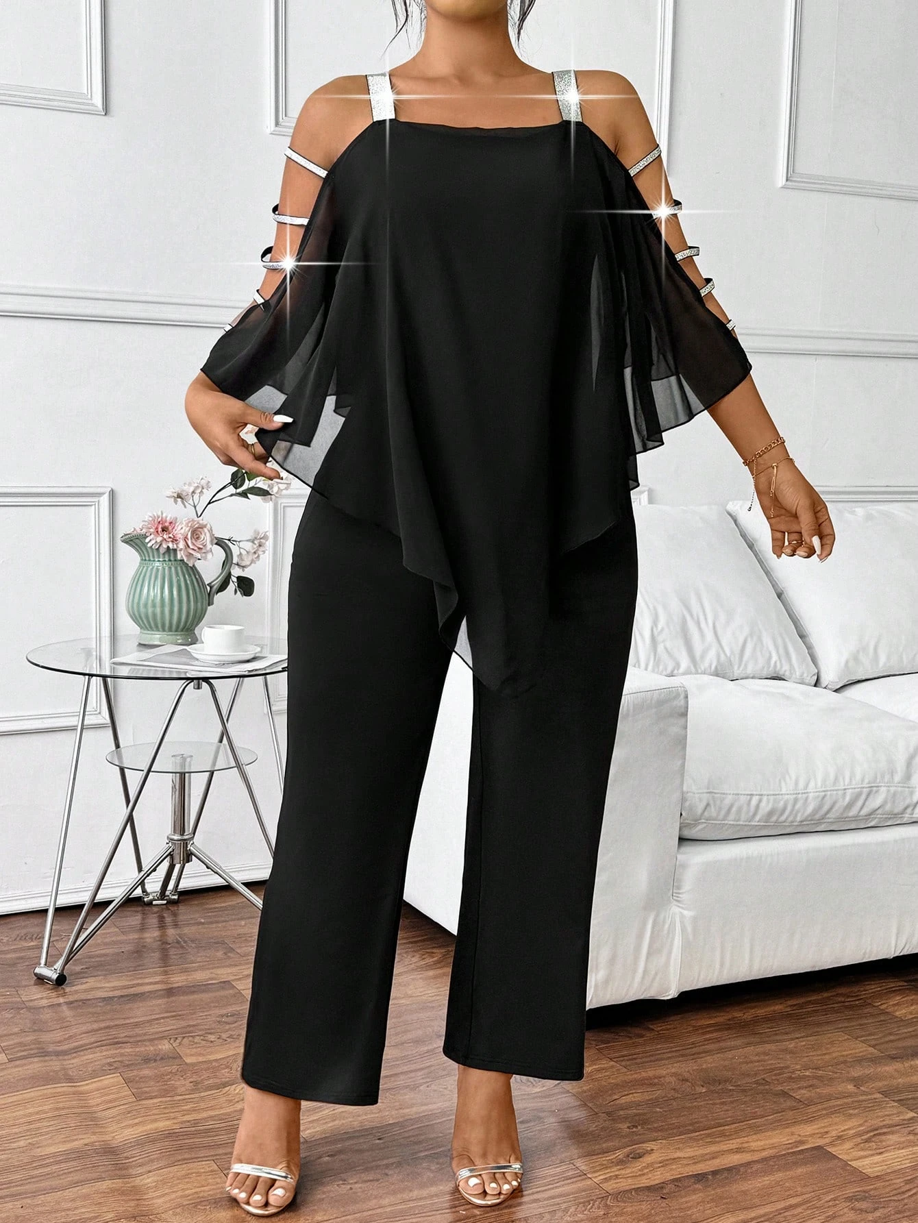 Übergroßer Jumpsuit für Damen mit Strass, Offenem Schulterbereich, Chiffon-Flügelärmeln und Weitem Bein, Elegante Party- und Abendgarderobe – Detail 4
