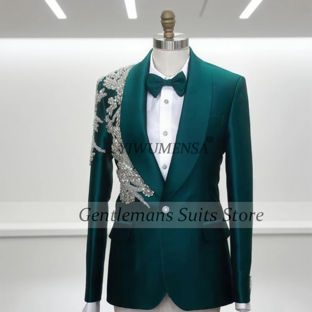 

Luxury Diamond Beaded Appliques Suits Men For Wedding Single Breasted Groom Blazers Outfits 2 Pieces Sets Man Banquet Tuxedos