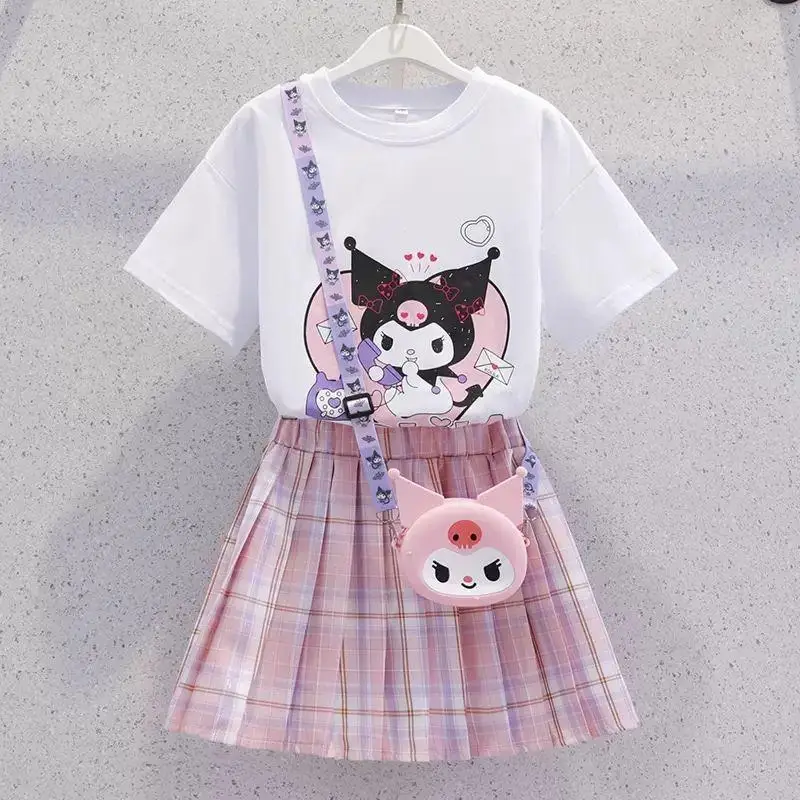 

Детская одежда Kuromi, летняя одежда для девочек, новая детская одежда Sanrios, юбка, летняя футболка с короткими рукавами, комплект из двух предметов