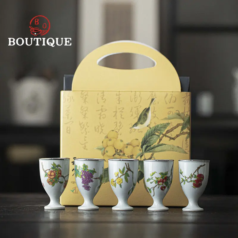 

5pc/Set 40ml Autumn Fruit Art Tea Cup Gift Box Set with Souvenir Kung Fu Tea Set Gilt Silver Mouth Tea Cup Master Cup Drinkware