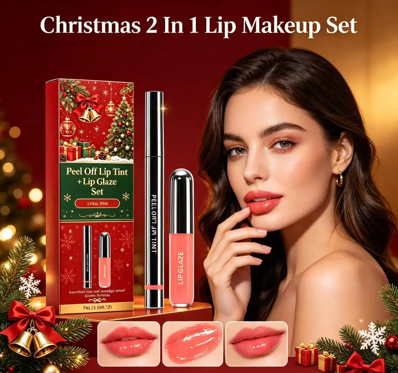 Christmas Peel Off Lip Tint And Lip Glaze Set Coral Pink 2 In 1 Long Lasting Smudge Proof Lip Makeup Gift Set For Women