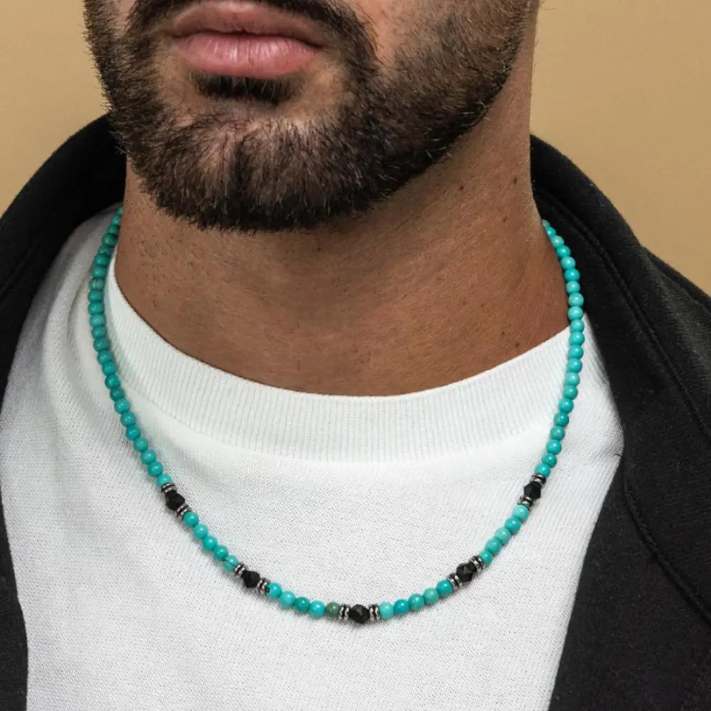 

Vintage Men's Turquoise Cut Black Agate Beaded Necklace Men's Trend Niche Hip Hop Stainless Steel Turquoise Collarbone Chain