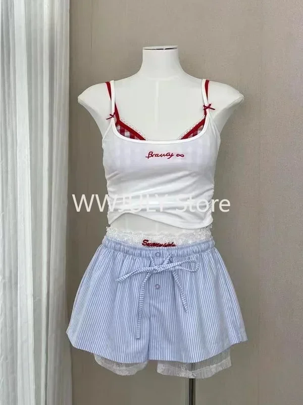 Woman New Korean Fashion Lace 4 Piece Set Spicy Girls Y2k Elastic V Neck Sling Plaid Top + Casual Bow Short Pants Chic