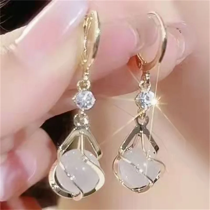 High Quality Crystal Zircon Round Opal Hollow Long Tassel Water Droplets Earrings New Women's Fashion Jewelry Romantic Girl Gift