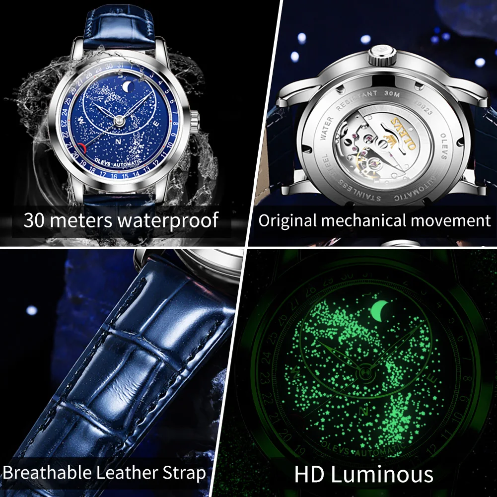 OLEVS Herenhorloge Luxe Merk Automatisch Mechanisch Horloge Heren Lederen Band Waterdicht Lichtgevende sterrenhemel Reloj