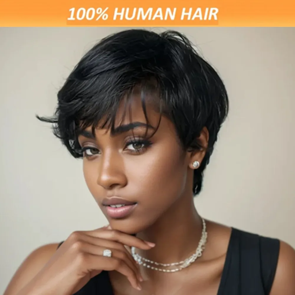 

Машинное производство, парики из натуральных волос пикси, короткий прямой парик, 6 дюймов, натуральный черный цвет, 150% плотность, парики из волос Реми, ежедневное использование