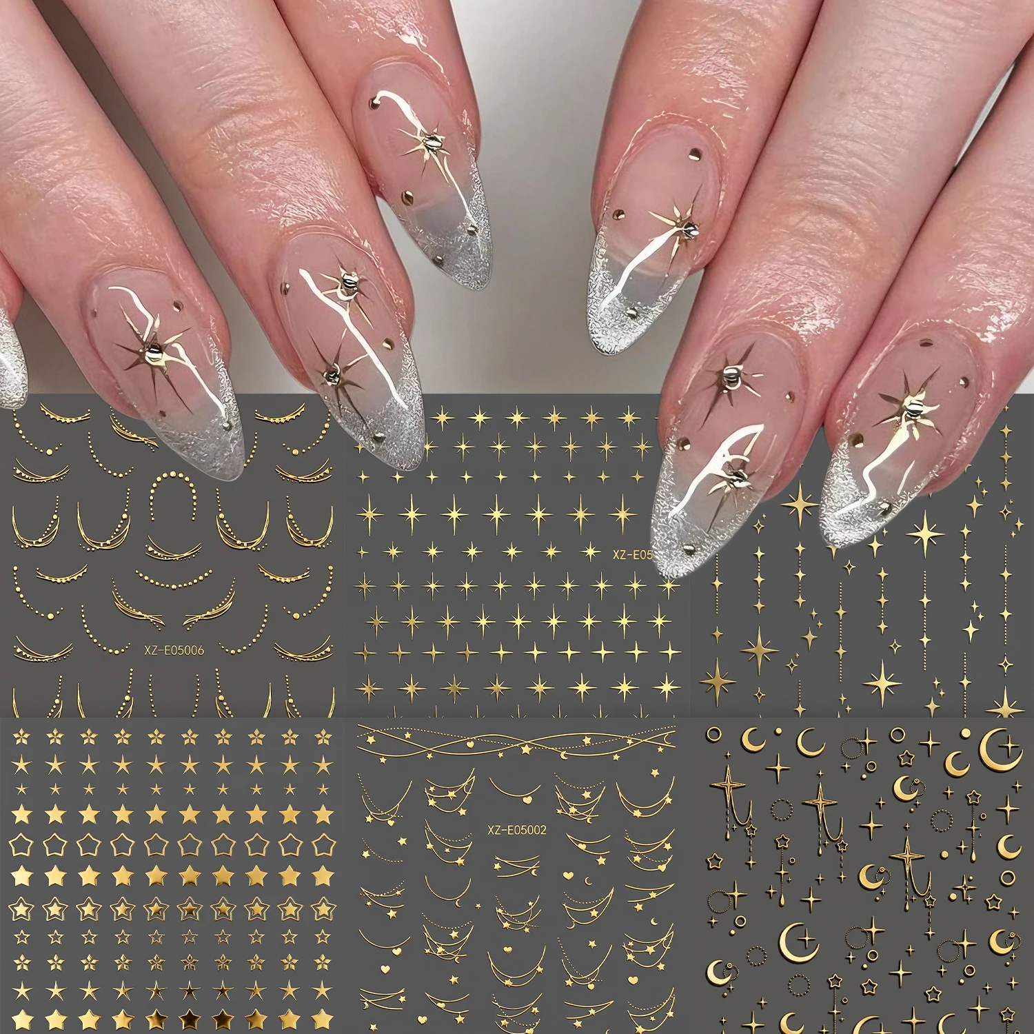 6Pcs 3D Bronzing gold Star Moon Heart Nail Stickers Y2K Starlight Curve Line Stripe Self Adhesive Decals DIY Manicure Sliders