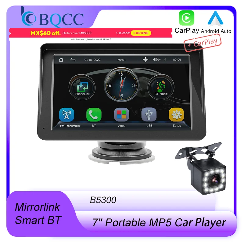 BQCC 휴대용 자동차 MP5 플레이어, 무선 카플레이, 안드로이드 자동 미러링크, BT FM, USB TF, 자동차 라디오, 반전 이미지, 차량 스테레오, 7 인치 