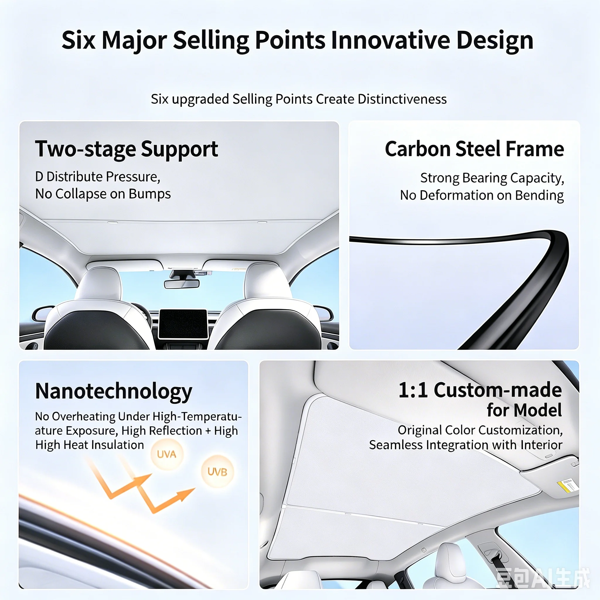 2PCS For Tesla Model 3/Y/3 Highland/Y Juniper Ice Cloth Buckle Shades for Glass Roof Front & Rear Sunroof Skylight Sunshade