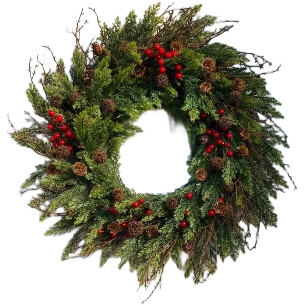 Artificial Cedar Wreath With Red Berries And Pine Cones Snow Dusted Holiday Door Wall Hanging Christmas Tree Ornament Decor 45cm