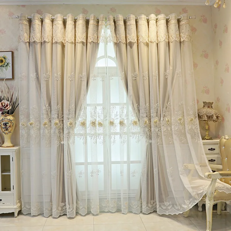 Nordic Style Embroidery and Embossing Technique Dark Floral Blackout Fabric Curtains Relief Curtains Water Waves Valance Custom