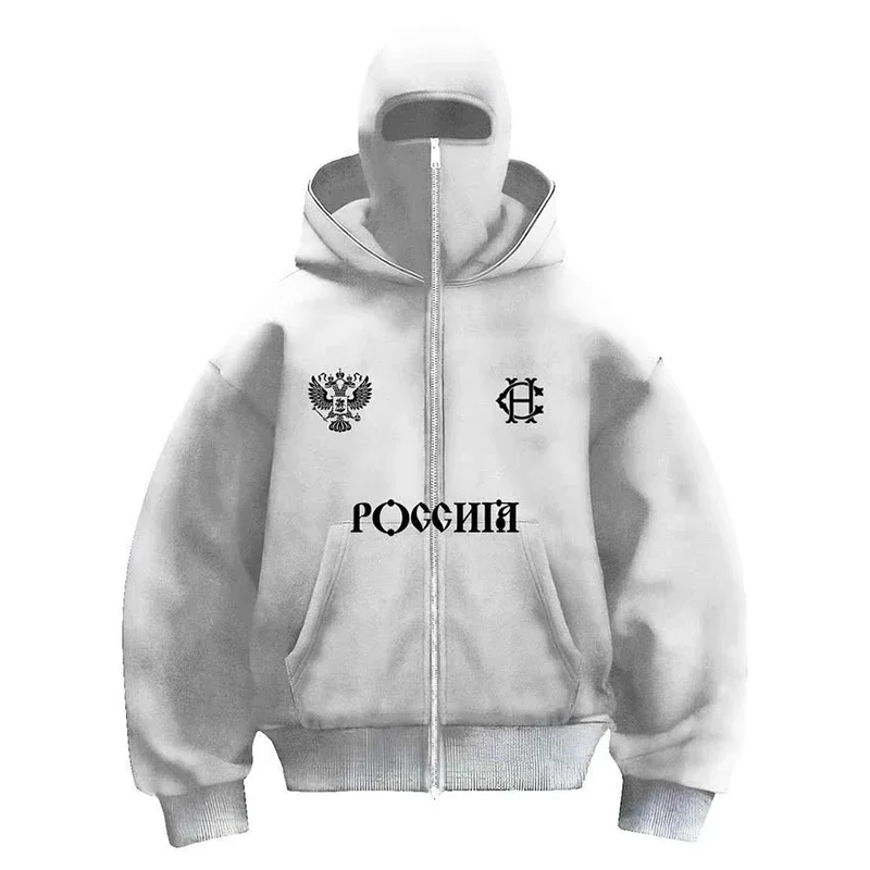 

A men's hooded sweatshirt with letter patterns and a zipper closure design. It is stylish, warm, comfortable and retro, making i