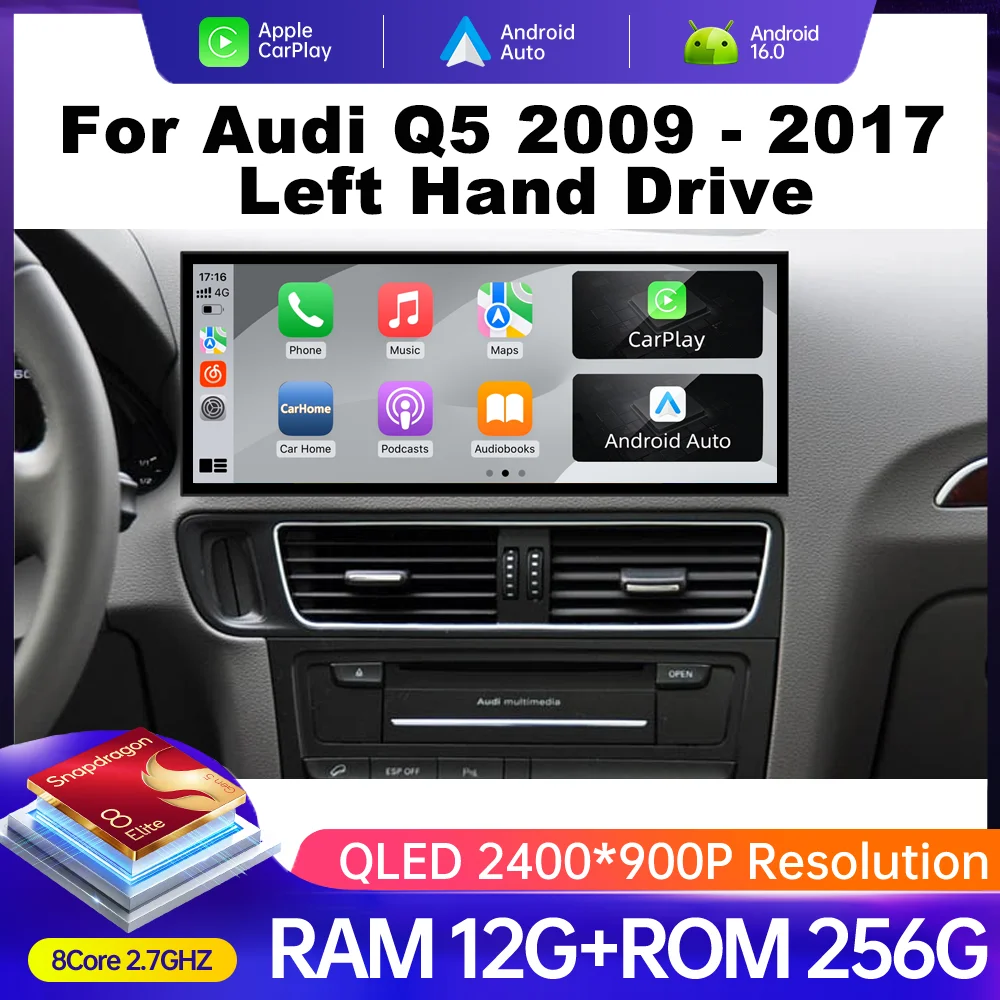 12.3 Inch Navi for Audi Q5 2009 - 2017 Car Radio Android 16 Multimedia Video Player HD Touch Screen Wireless Carplay QLED Screen