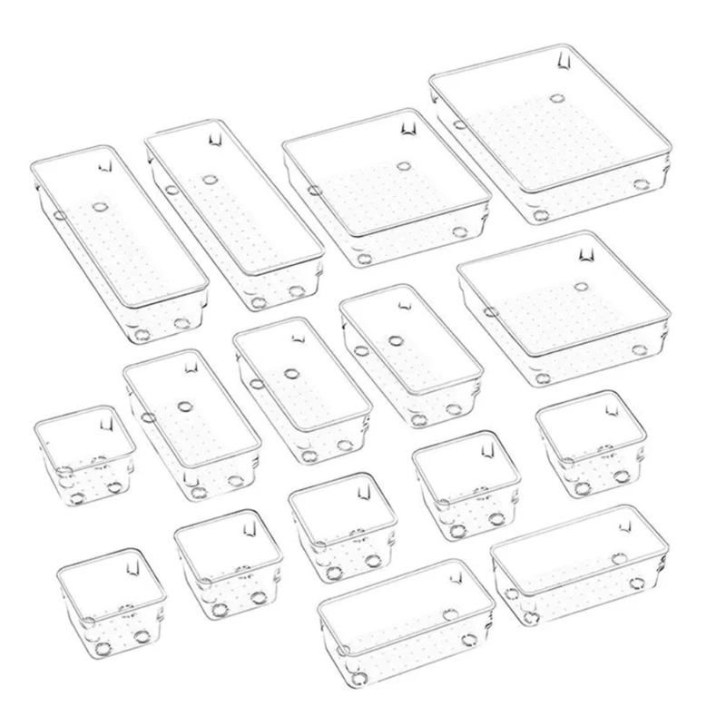 U75B 16Pcs Drawer Organiser Dividers Multi Size Clear Cabinet Organiser Tray Drawer Storage Bin for Kitchen Utensils Jewelry