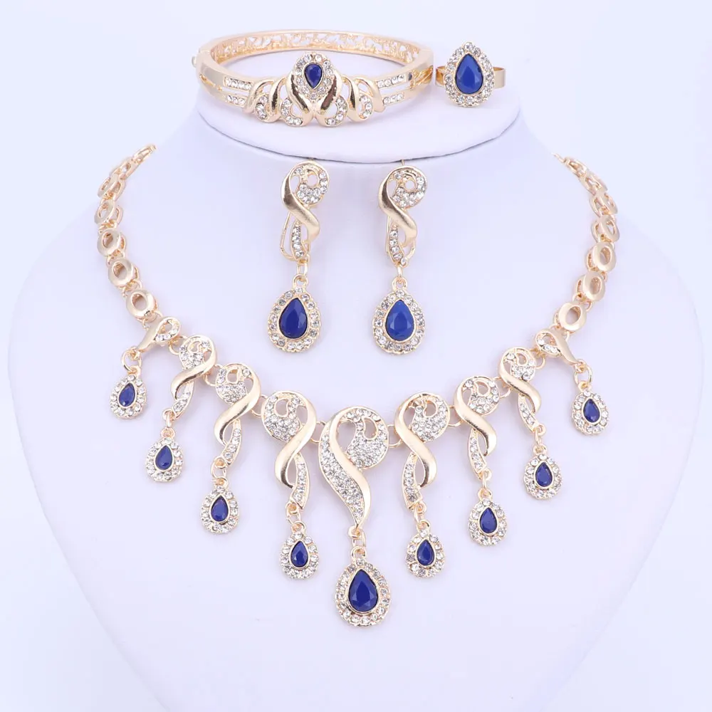 Gold Color Crystal African Beads Jewelry Sets For Women Dress Accessories Wedding Bridal Necklace Earrings Bracelet Ring Sets