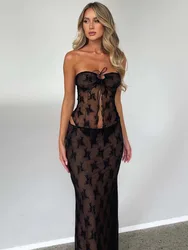 Mozision Lace Print Sexy Dress Set Women Strapless Crop Top And Long Skirt Matching Sets Female Night Club Party Two Piece Set