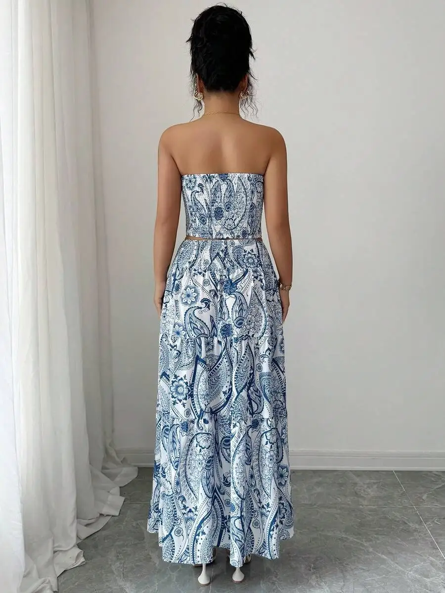 Allover-Print, trägerlos, lässig, elegant, Strandhochzeit, 2-teiliges Set (Oberteil und Rock), Sommer – Detail 3