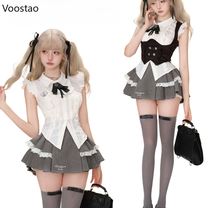 Y2k Vintage 3 Piece Set Women Preppy Style Gothic White Shirt Vest Mini Cake Skirt Suit Female Korean Fashion Elegant Outfits