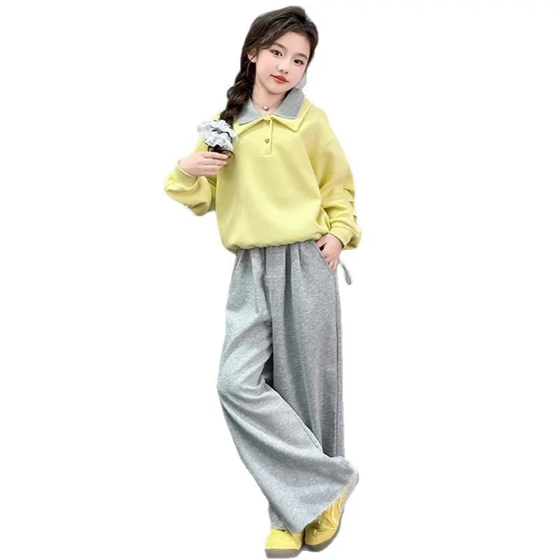 2026 Autumn Winter Teens Clothes Children Set Bow Crop Top Sweatshirt + Grey Wide Leg Pant Suit Tracksuit 4 8 10 12 14 Year