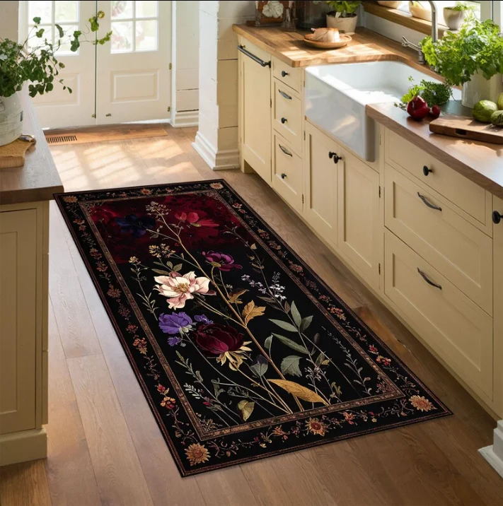 Boho Vintage Floral Hallway Runner Rug Retro Black Based Non Slip Long Kitchen Runner Rug Washable Floor Mat Carpet for Entryway