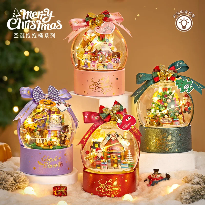 Hot Christmas Hugging Bucket Jellybean House Building Blocks MOC Toys Winter House Ghost House Gifts for Kids Ambiance Ornament