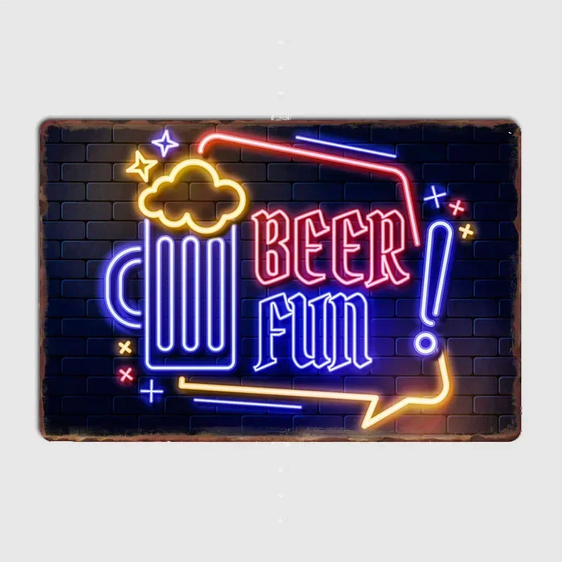 

Neon Beer Fun Retro bar Poster Retro Metal Posters Sign Garage Club Indoor Wall Room Decoration Home Decor