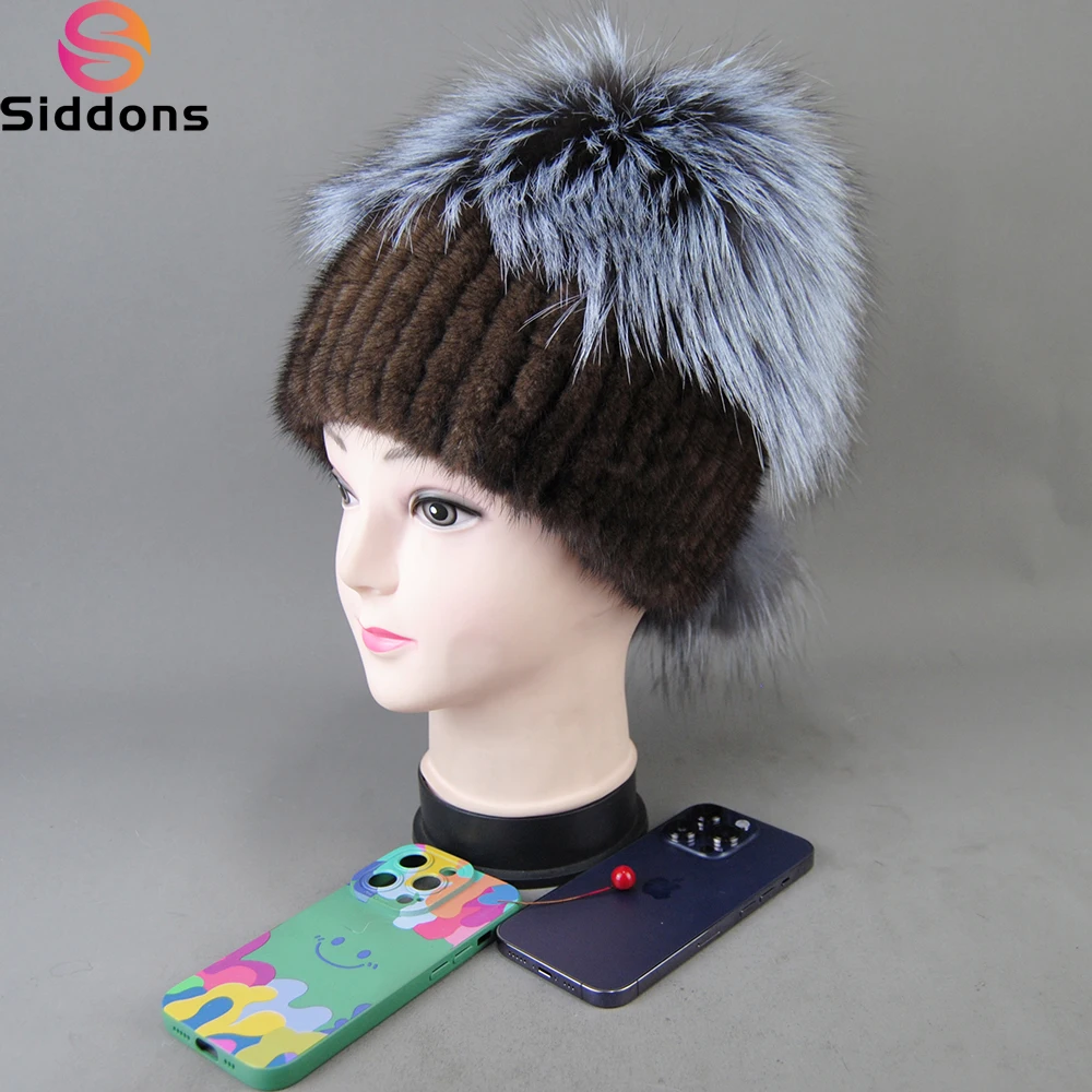 

2025 Women Winter Luxury Knitted Real Mink Fur Hat Natural Warm With Silver Fox Fur Top Lady Mink Fur Cap Skullies & Beanies