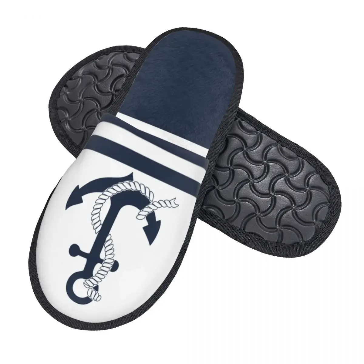 Custom Nautical Blue Anchors Blue White Stripes House Slippers Sailing Sailor Memory Foam Fluffy Slipper Indoor Outdoor Shoes