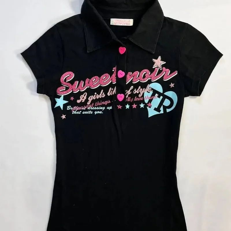 빈티지 폴로 칼라 슬림핏 티셔츠 여성 여름 Y2K 레트로 밀레니엄 고딕 반팔 탑 스트릿웨어 하라주쿠 2000년대 의상