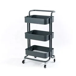 Black Convenient Easy Use Stable Bathroom Kitchen Home Metal Iron Storage Cart 3 Tier Storage Rolling Trolley With Wheels