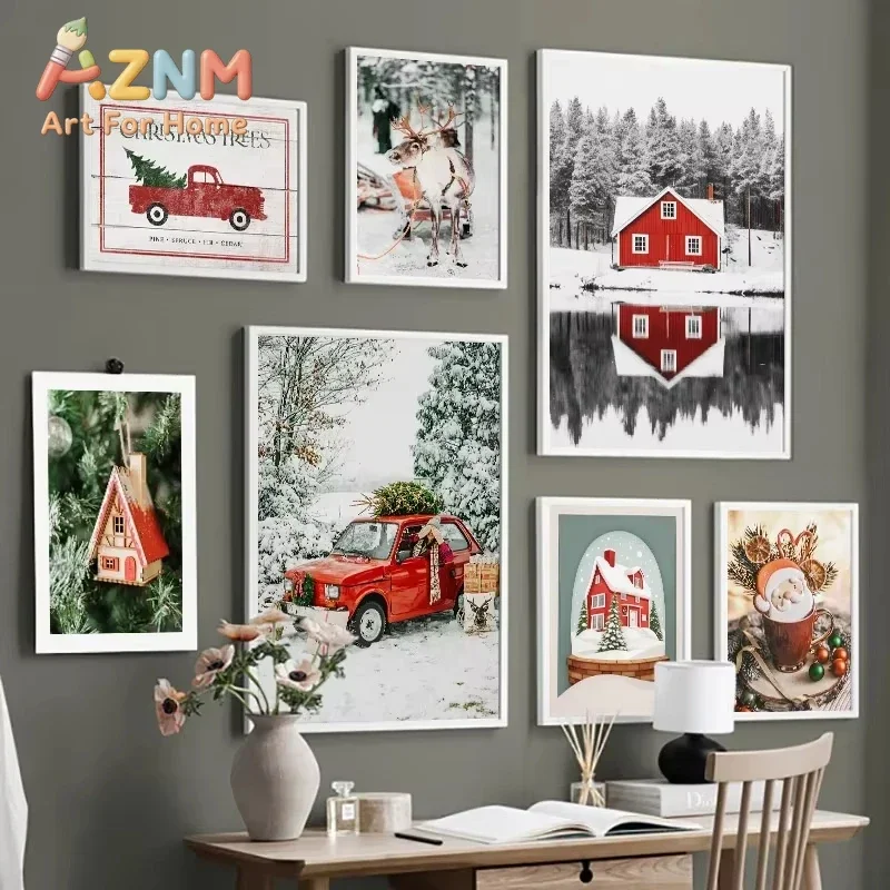 Red Chamber Old Car Christmas Tree Snow Lake Wall Art Canvas Painting Nordic Living Room Decoration Poster Prints Images
