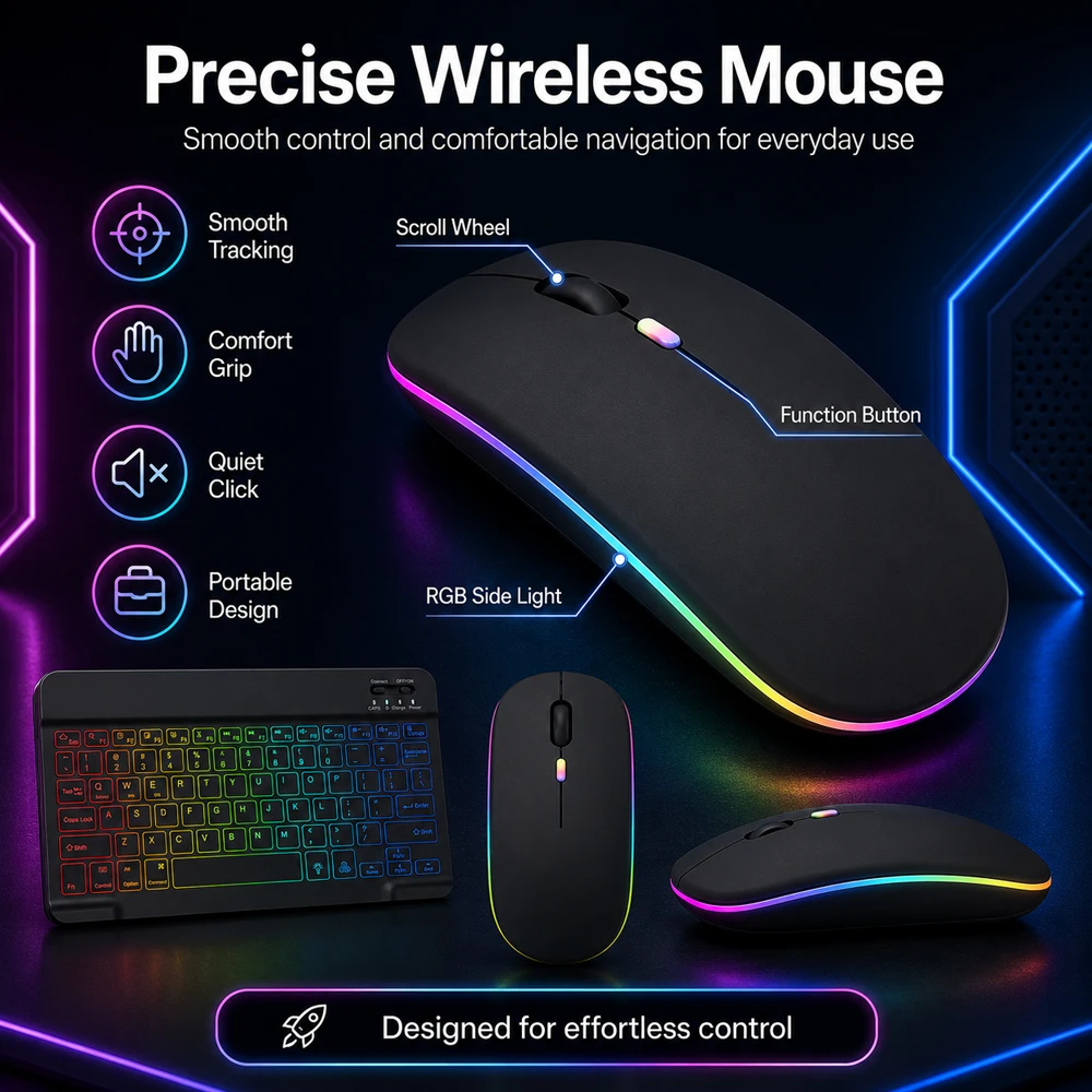 New Ultra Slim Portable 7 Color RGB Backlit Wireless Bluetooth Keyboard And Mouse For iPad Phone PC Laptop Tablet Multi Language view 5