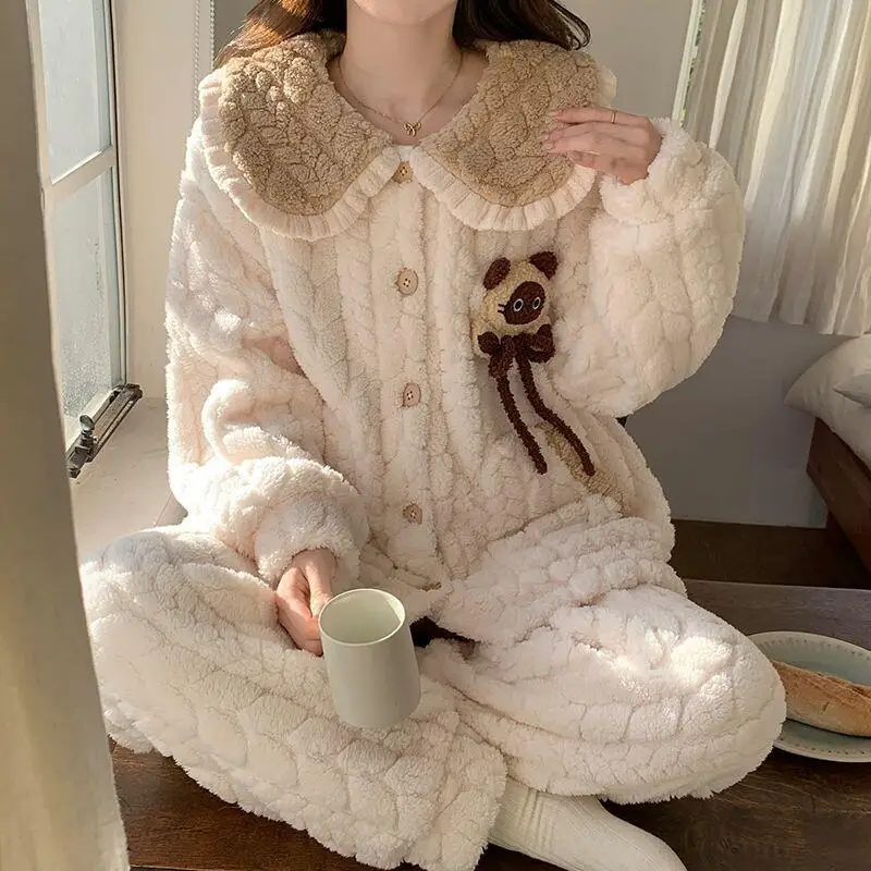 

Women's Pajamas Sleepwear Homewear French Coral Fleece New Style Pajamas Women Winter Long Sleeve Set Thick Cute Internet